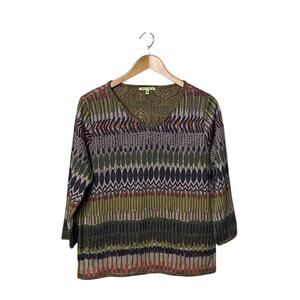 Trisha Tyler Textured V-Neck Top Green Brown Size M Oversized Fairy Grunge Boho